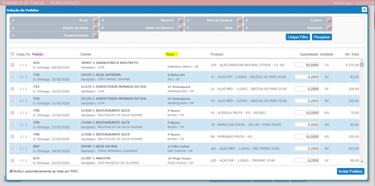 [199620] Informação da Rota de Entrega na inclusão de pedidos no